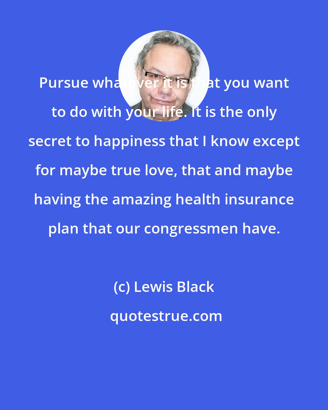 Lewis Black: Pursue whatever it is that you want to do with your life. It is the only secret to happiness that I know except for maybe true love, that and maybe having the amazing health insurance plan that our congressmen have.