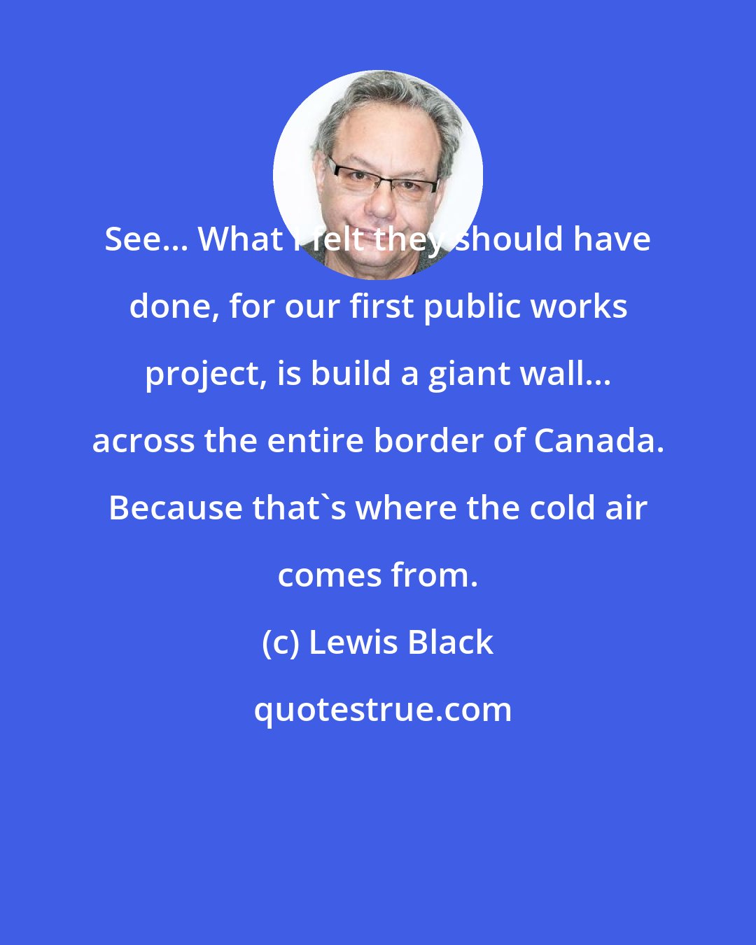 Lewis Black: See... What I felt they should have done, for our first public works project, is build a giant wall... across the entire border of Canada. Because that's where the cold air comes from.