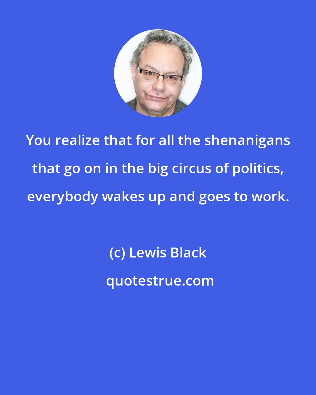 Lewis Black: You realize that for all the shenanigans that go on in the big circus of politics, everybody wakes up and goes to work.