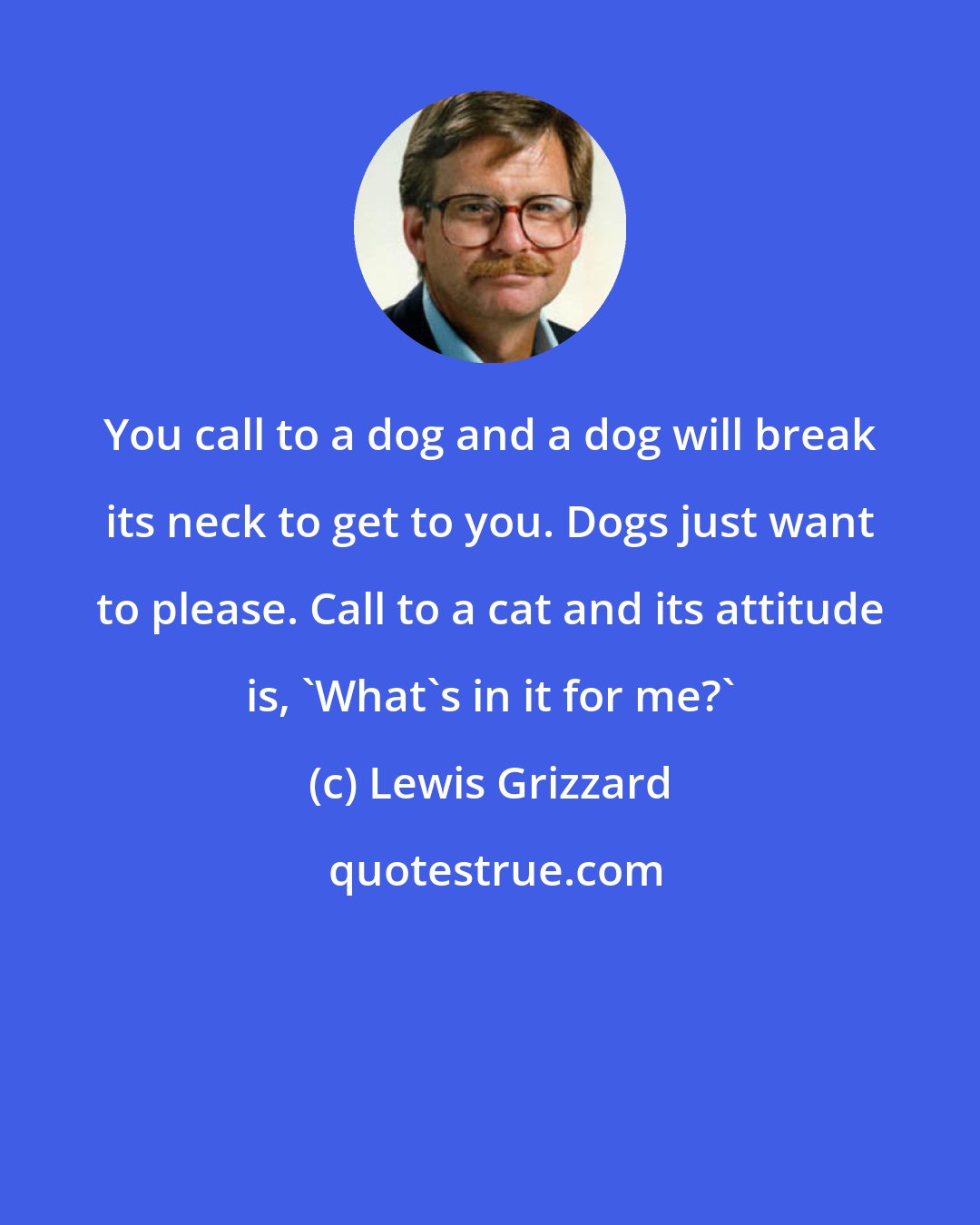 Lewis Grizzard: You call to a dog and a dog will break its neck to get to you. Dogs just want to please. Call to a cat and its attitude is, 'What's in it for me?'