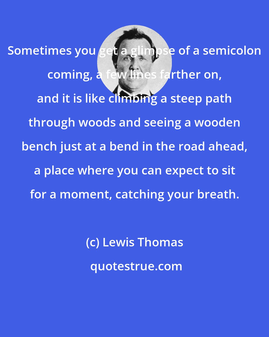 Lewis Thomas: Sometimes you get a glimpse of a semicolon coming, a few lines farther on, and it is like climbing a steep path through woods and seeing a wooden bench just at a bend in the road ahead, a place where you can expect to sit for a moment, catching your breath.