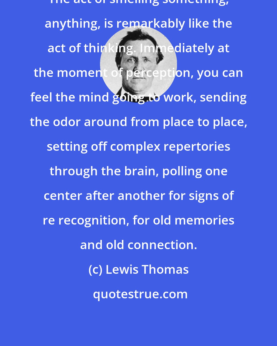 Lewis Thomas: The act of smelling something, anything, is remarkably like the act of thinking. Immediately at the moment of perception, you can feel the mind going to work, sending the odor around from place to place, setting off complex repertories through the brain, polling one center after another for signs of re recognition, for old memories and old connection.