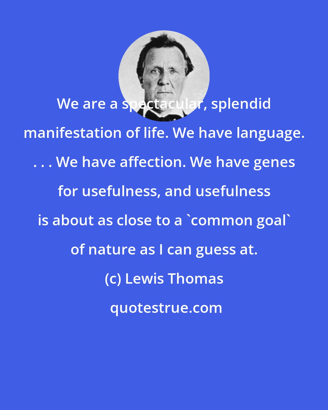 Lewis Thomas: We are a spectacular, splendid manifestation of life. We have language. . . . We have affection. We have genes for usefulness, and usefulness is about as close to a 'common goal' of nature as I can guess at.