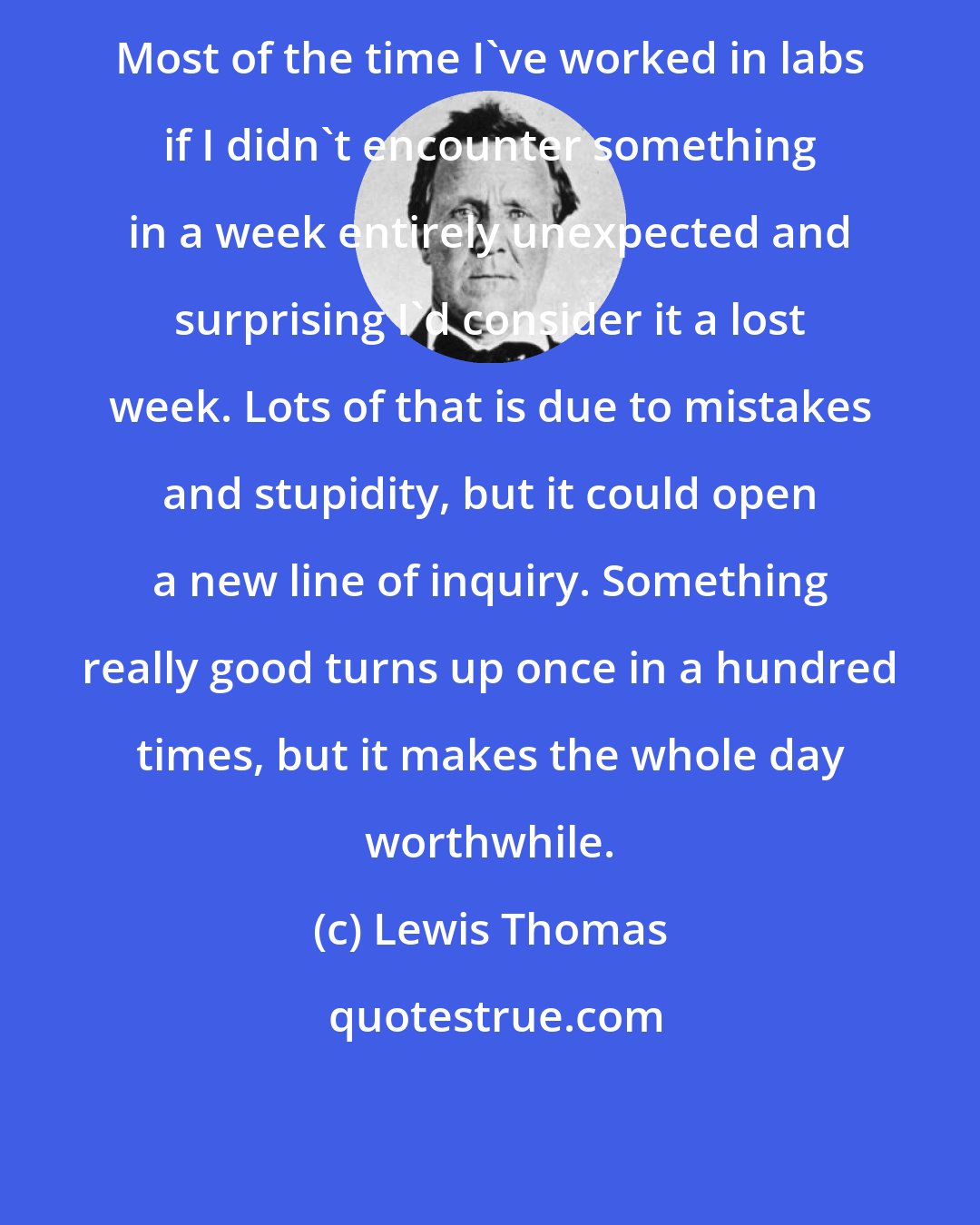 Lewis Thomas: Most of the time I've worked in labs if I didn't encounter something in a week entirely unexpected and surprising I'd consider it a lost week. Lots of that is due to mistakes and stupidity, but it could open a new line of inquiry. Something really good turns up once in a hundred times, but it makes the whole day worthwhile.