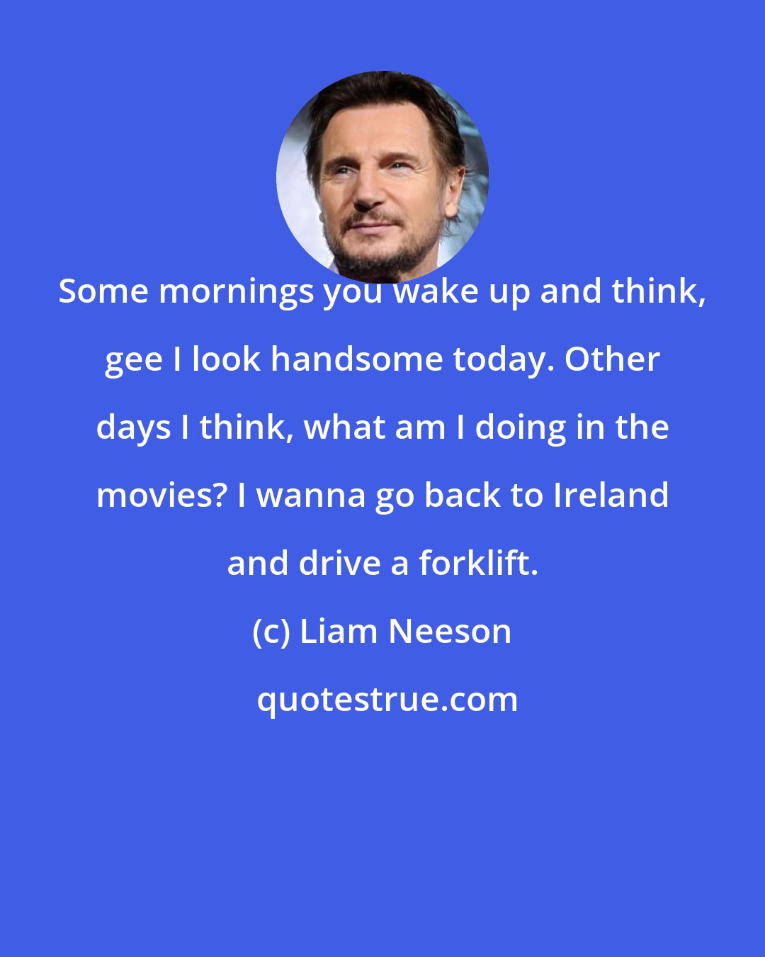 Liam Neeson: Some mornings you wake up and think, gee I look handsome today. Other days I think, what am I doing in the movies? I wanna go back to Ireland and drive a forklift.