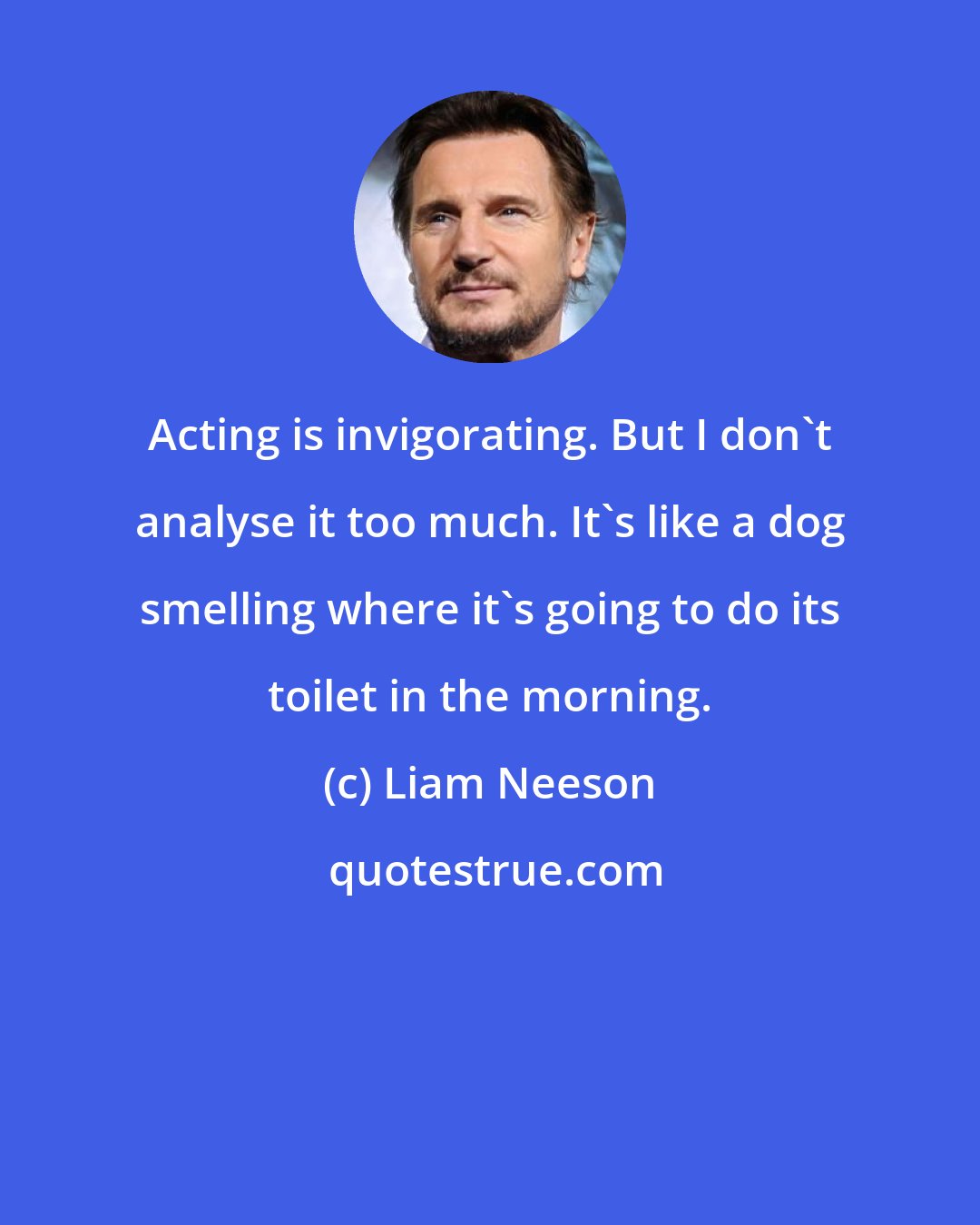 Liam Neeson: Acting is invigorating. But I don't analyse it too much. It's like a dog smelling where it's going to do its toilet in the morning.