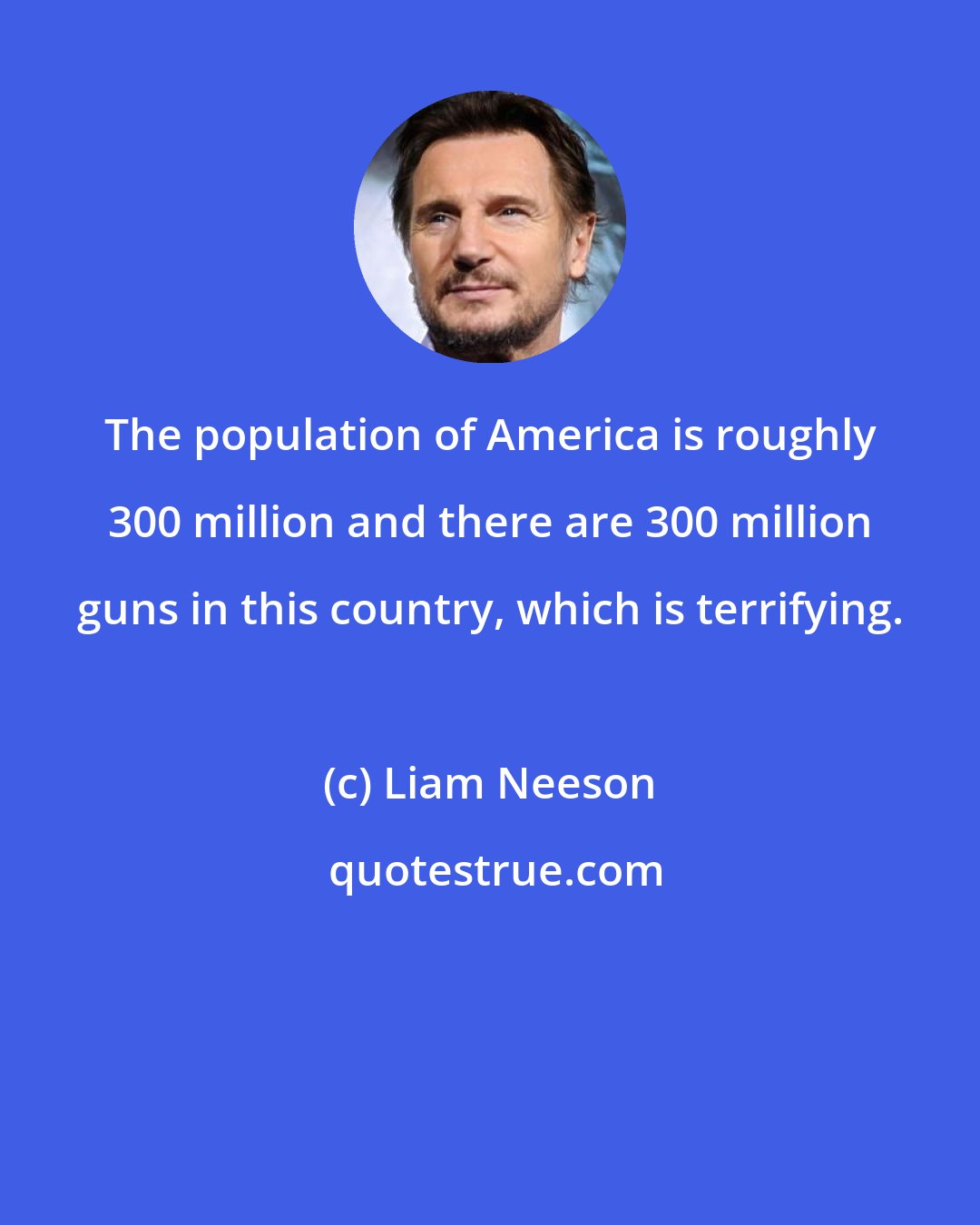 Liam Neeson: The population of America is roughly 300 million and there are 300 million guns in this country, which is terrifying.