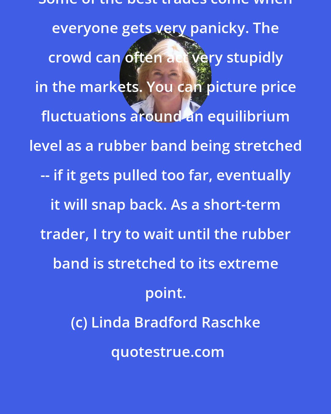 Linda Bradford Raschke: Some of the best trades come when everyone gets very panicky. The crowd can often act very stupidly in the markets. You can picture price fluctuations around an equilibrium level as a rubber band being stretched -- if it gets pulled too far, eventually it will snap back. As a short-term trader, I try to wait until the rubber band is stretched to its extreme point.