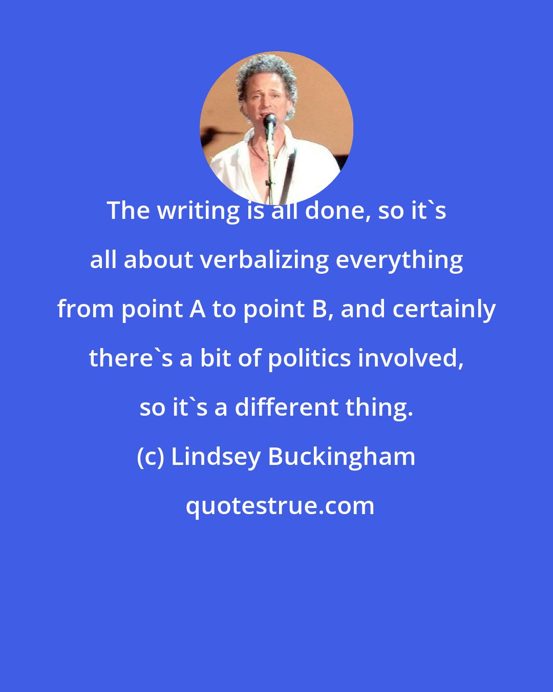 Lindsey Buckingham: The writing is all done, so it's all about verbalizing everything from point A to point B, and certainly there's a bit of politics involved, so it's a different thing.