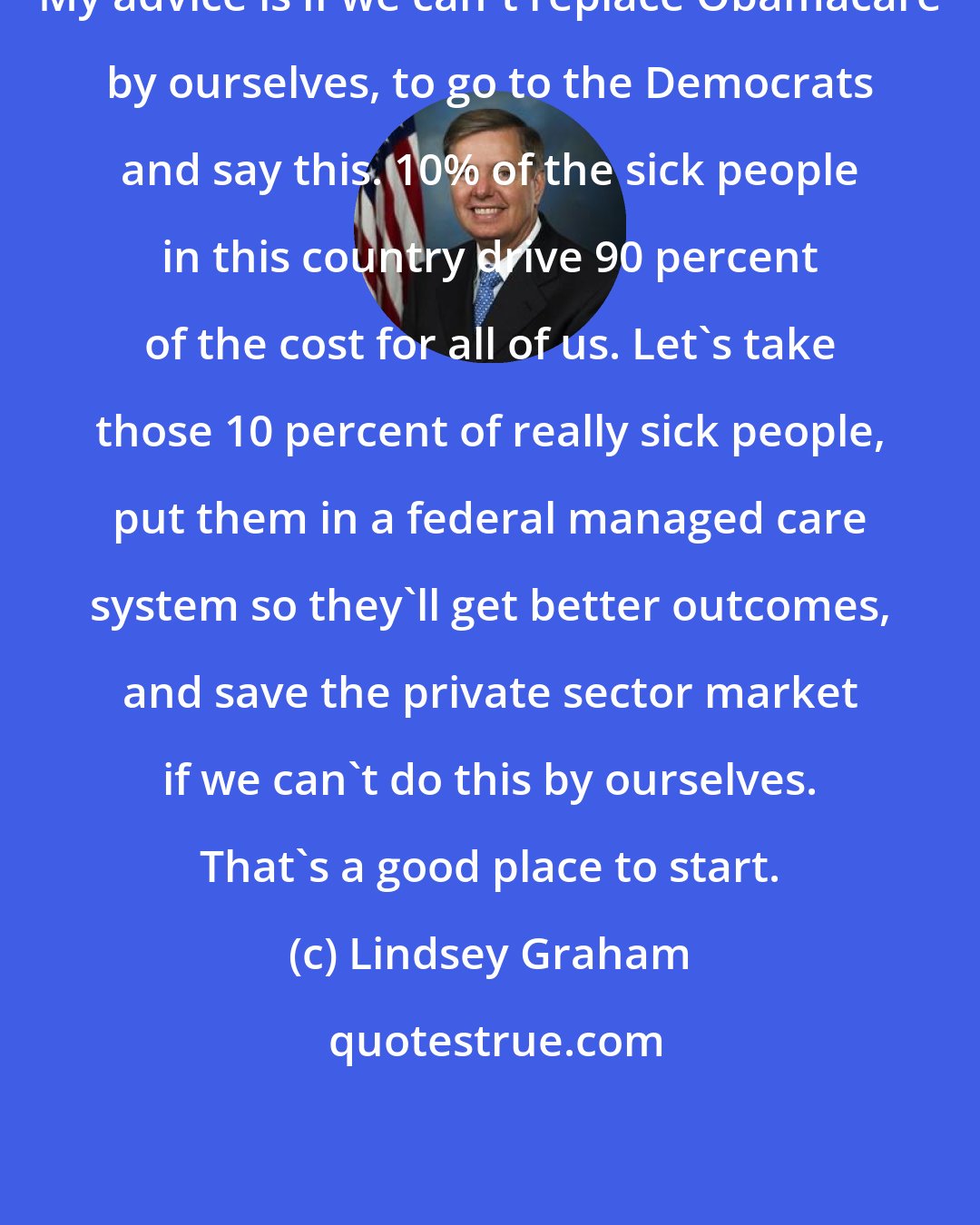 Lindsey Graham: My advice is if we can't replace Obamacare by ourselves, to go to the Democrats and say this. 10% of the sick people in this country drive 90 percent of the cost for all of us. Let's take those 10 percent of really sick people, put them in a federal managed care system so they'll get better outcomes, and save the private sector market if we can't do this by ourselves. That's a good place to start.