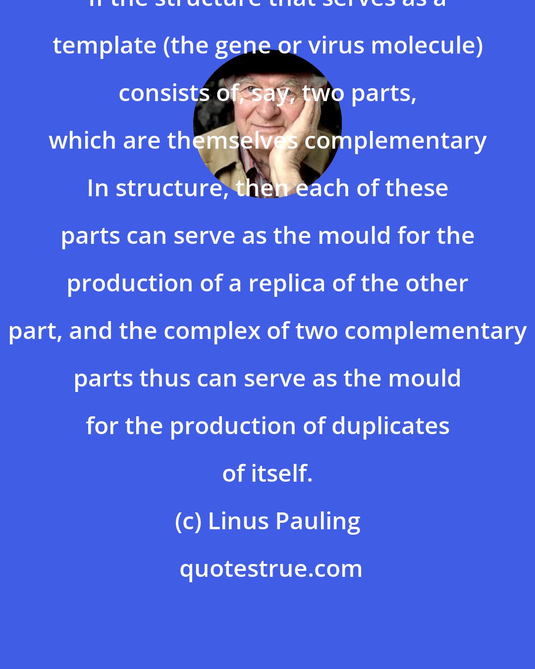 Linus Pauling: If the structure that serves as a template (the gene or virus molecule) consists of, say, two parts, which are themselves complementary In structure, then each of these parts can serve as the mould for the production of a replica of the other part, and the complex of two complementary parts thus can serve as the mould for the production of duplicates of itself.