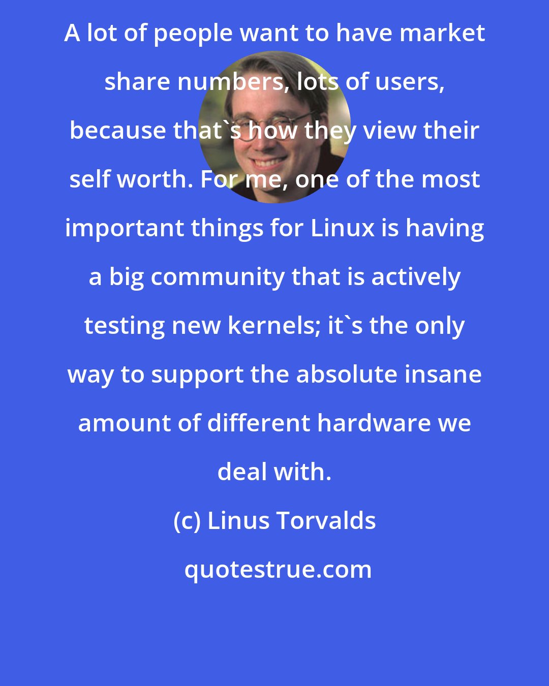 Linus Torvalds: A lot of people want to have market share numbers, lots of users, because that's how they view their self worth. For me, one of the most important things for Linux is having a big community that is actively testing new kernels; it's the only way to support the absolute insane amount of different hardware we deal with.