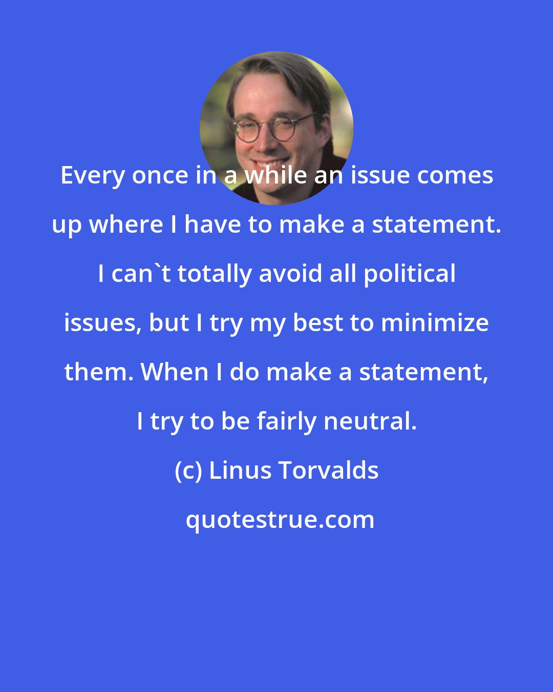 Linus Torvalds: Every once in a while an issue comes up where I have to make a statement. I can't totally avoid all political issues, but I try my best to minimize them. When I do make a statement, I try to be fairly neutral.