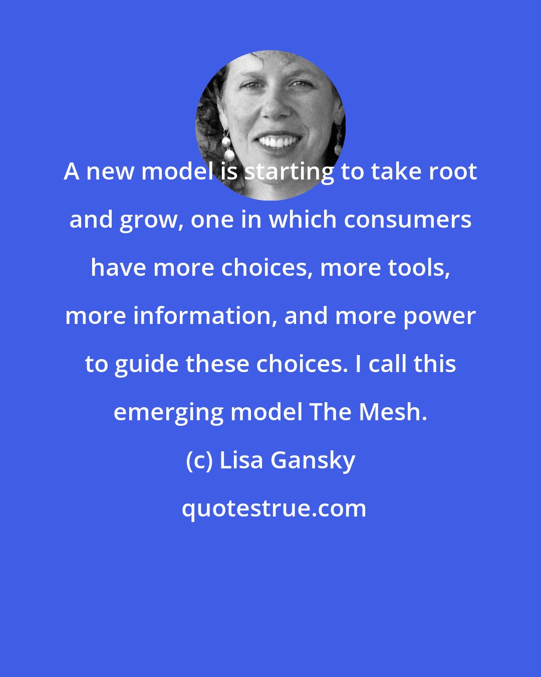 Lisa Gansky: A new model is starting to take root and grow, one in which consumers have more choices, more tools, more information, and more power to guide these choices. I call this emerging model The Mesh.