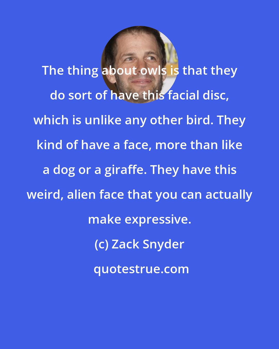 Zack Snyder: The thing about owls is that they do sort of have this facial disc, which is unlike any other bird. They kind of have a face, more than like a dog or a giraffe. They have this weird, alien face that you can actually make expressive.