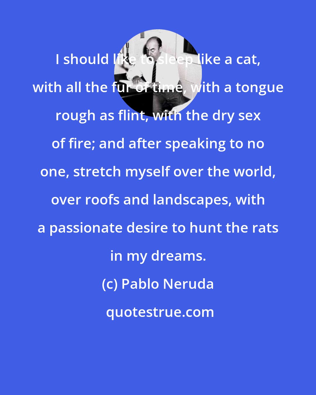 Pablo Neruda: I should like to sleep like a cat, with all the fur of time, with a tongue rough as flint, with the dry sex of fire; and after speaking to no one, stretch myself over the world, over roofs and landscapes, with a passionate desire to hunt the rats in my dreams.