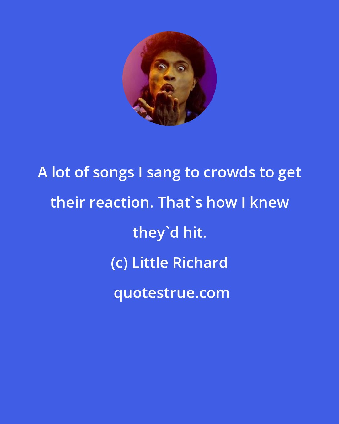 Little Richard: A lot of songs I sang to crowds to get their reaction. That's how I knew they'd hit.