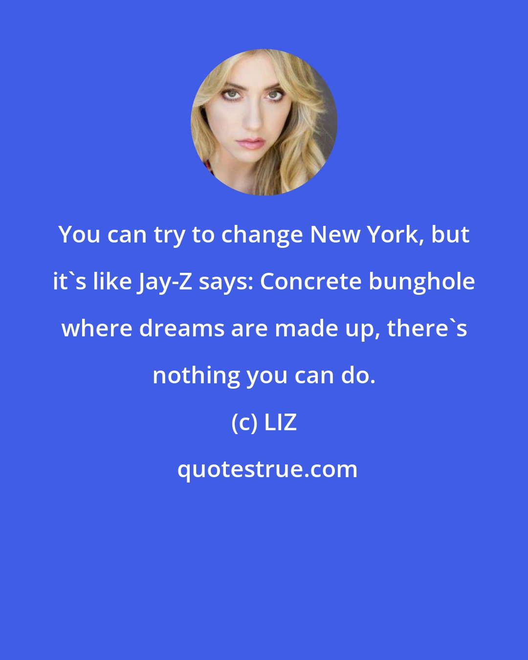 LIZ: You can try to change New York, but it's like Jay-Z says: Concrete bunghole where dreams are made up, there's nothing you can do.