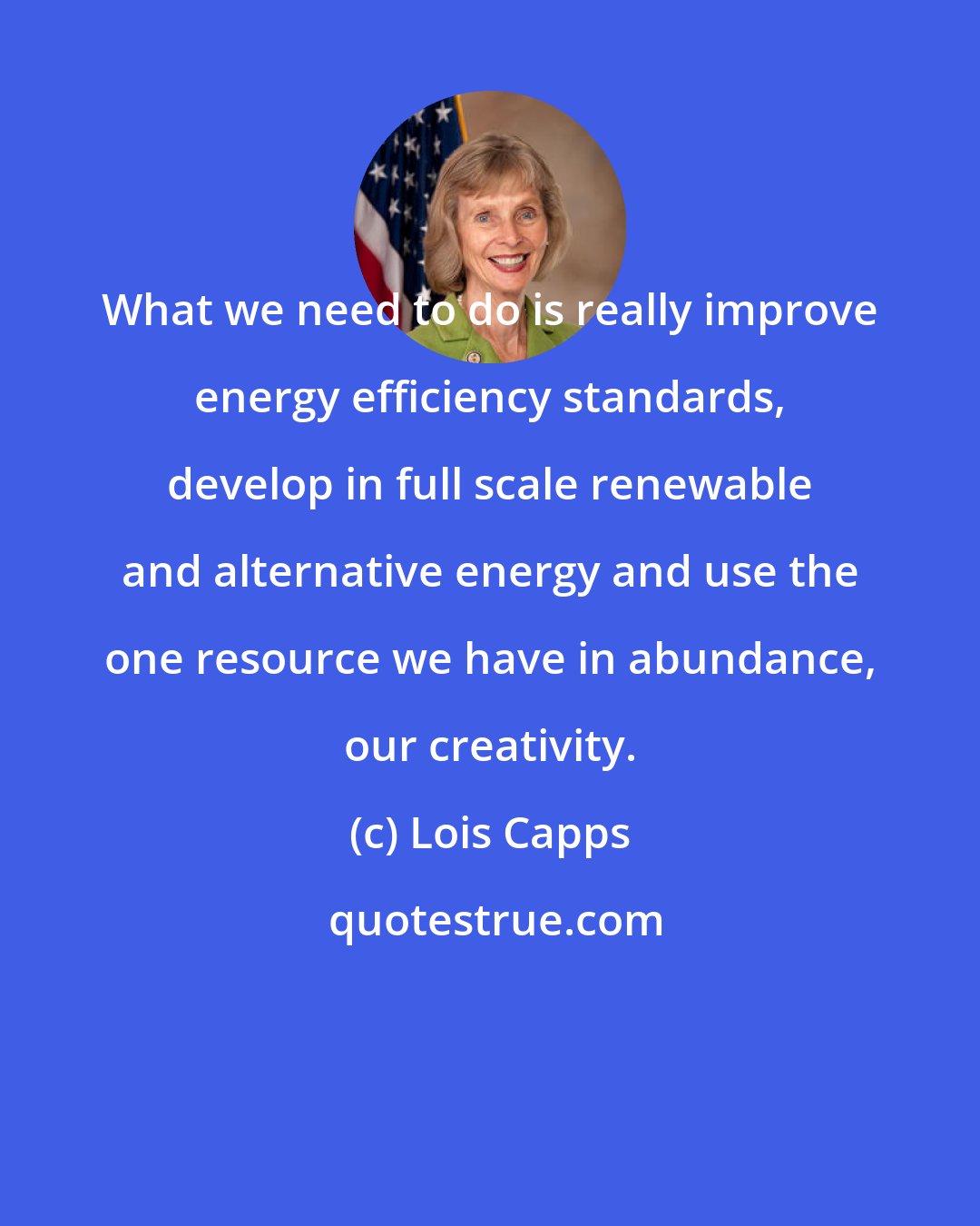 Lois Capps: What we need to do is really improve energy efficiency standards, develop in full scale renewable and alternative energy and use the one resource we have in abundance, our creativity.