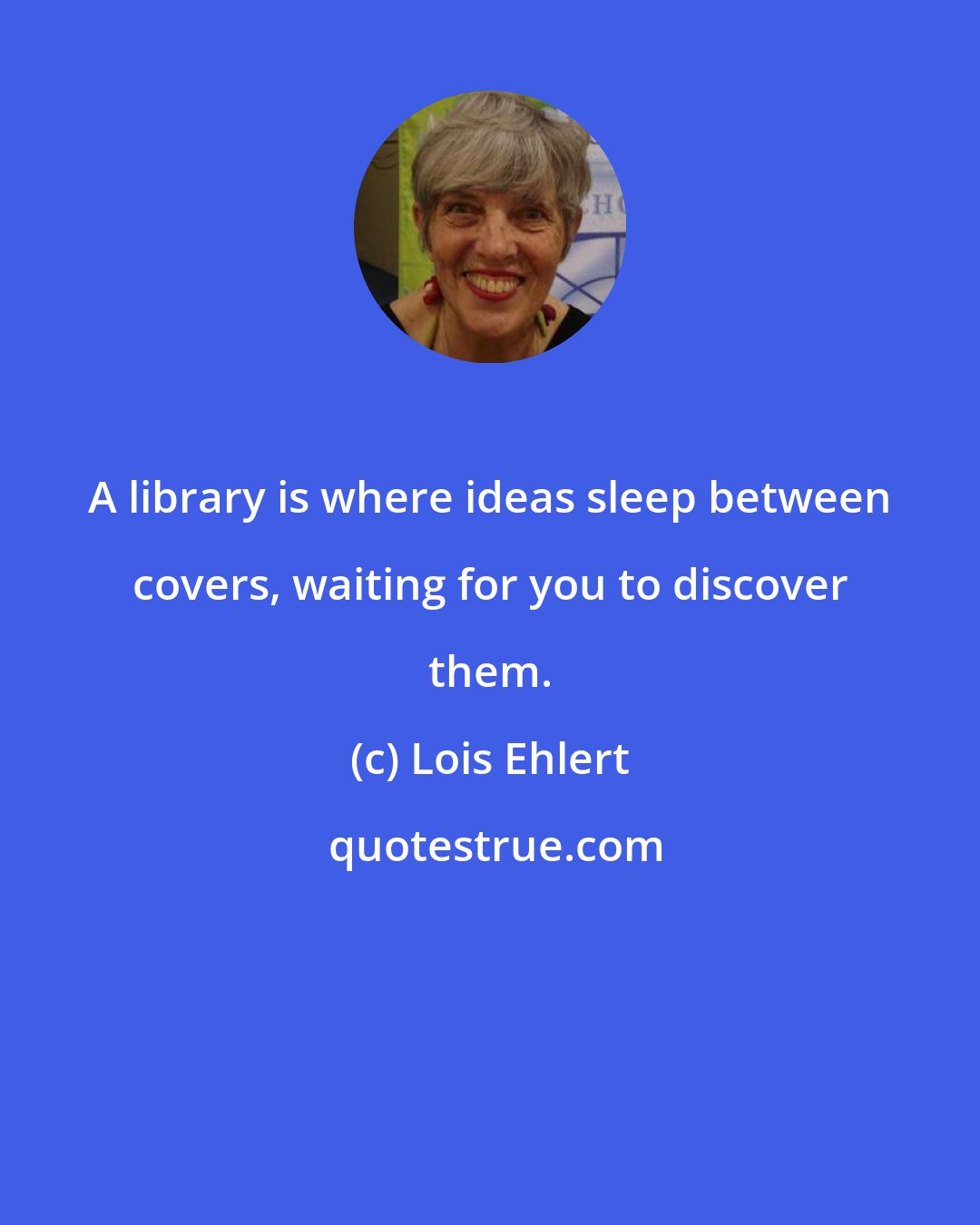 Lois Ehlert: A library is where ideas sleep between covers, waiting for you to discover them.
