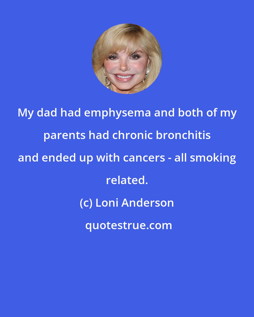 Loni Anderson: My dad had emphysema and both of my parents had chronic bronchitis and ended up with cancers - all smoking related.