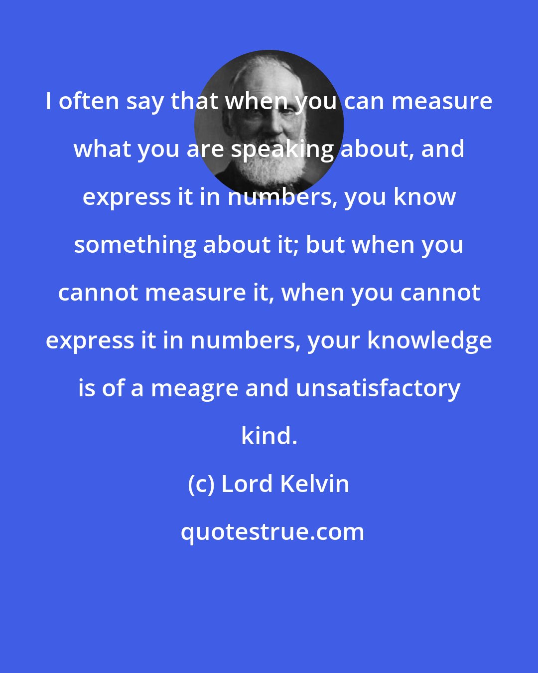Lord Kelvin: I often say that when you can measure what you are speaking about, and express it in numbers, you know something about it; but when you cannot measure it, when you cannot express it in numbers, your knowledge is of a meagre and unsatisfactory kind.