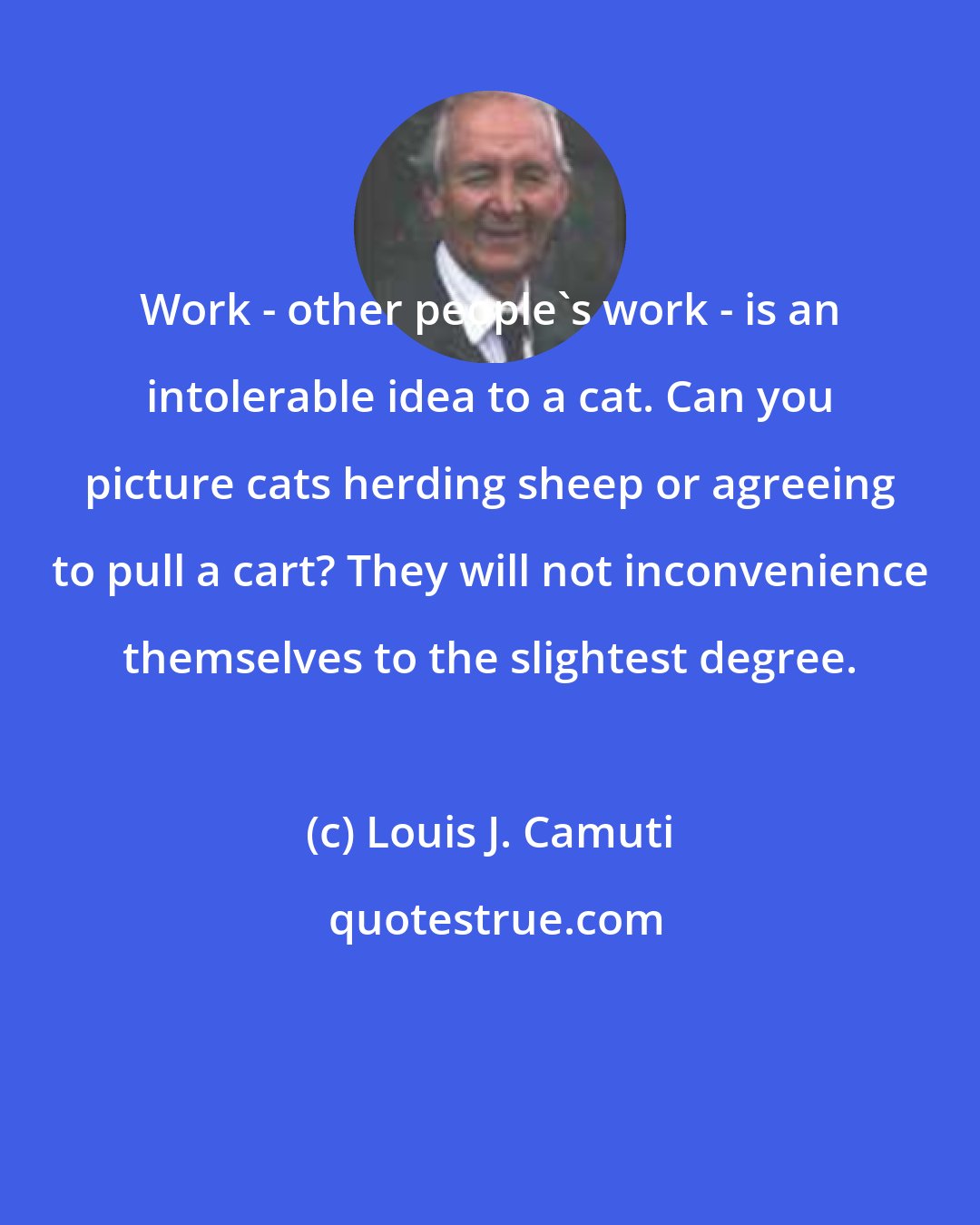 Louis J. Camuti: Work - other people's work - is an intolerable idea to a cat. Can you picture cats herding sheep or agreeing to pull a cart? They will not inconvenience themselves to the slightest degree.