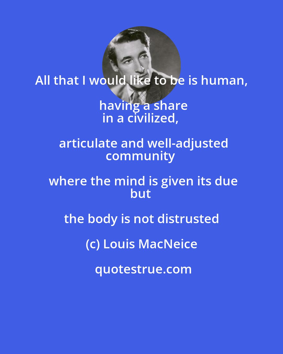 Louis MacNeice: All that I would like to be is human, having a share
in a civilized, articulate and well-adjusted
community where the mind is given its due
but the body is not distrusted