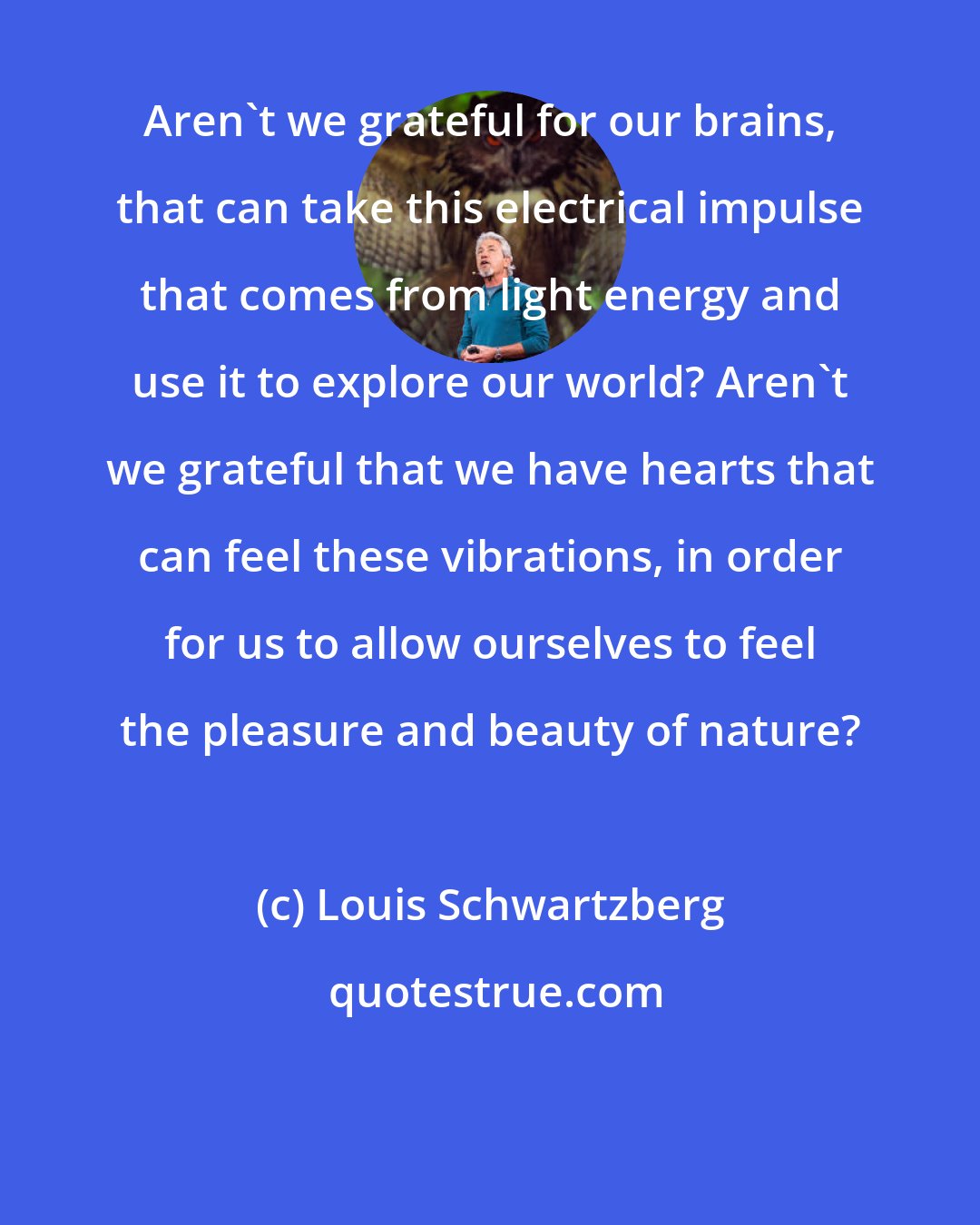 Louis Schwartzberg: Aren't we grateful for our brains, that can take this electrical impulse that comes from light energy and use it to explore our world? Aren't we grateful that we have hearts that can feel these vibrations, in order for us to allow ourselves to feel the pleasure and beauty of nature?