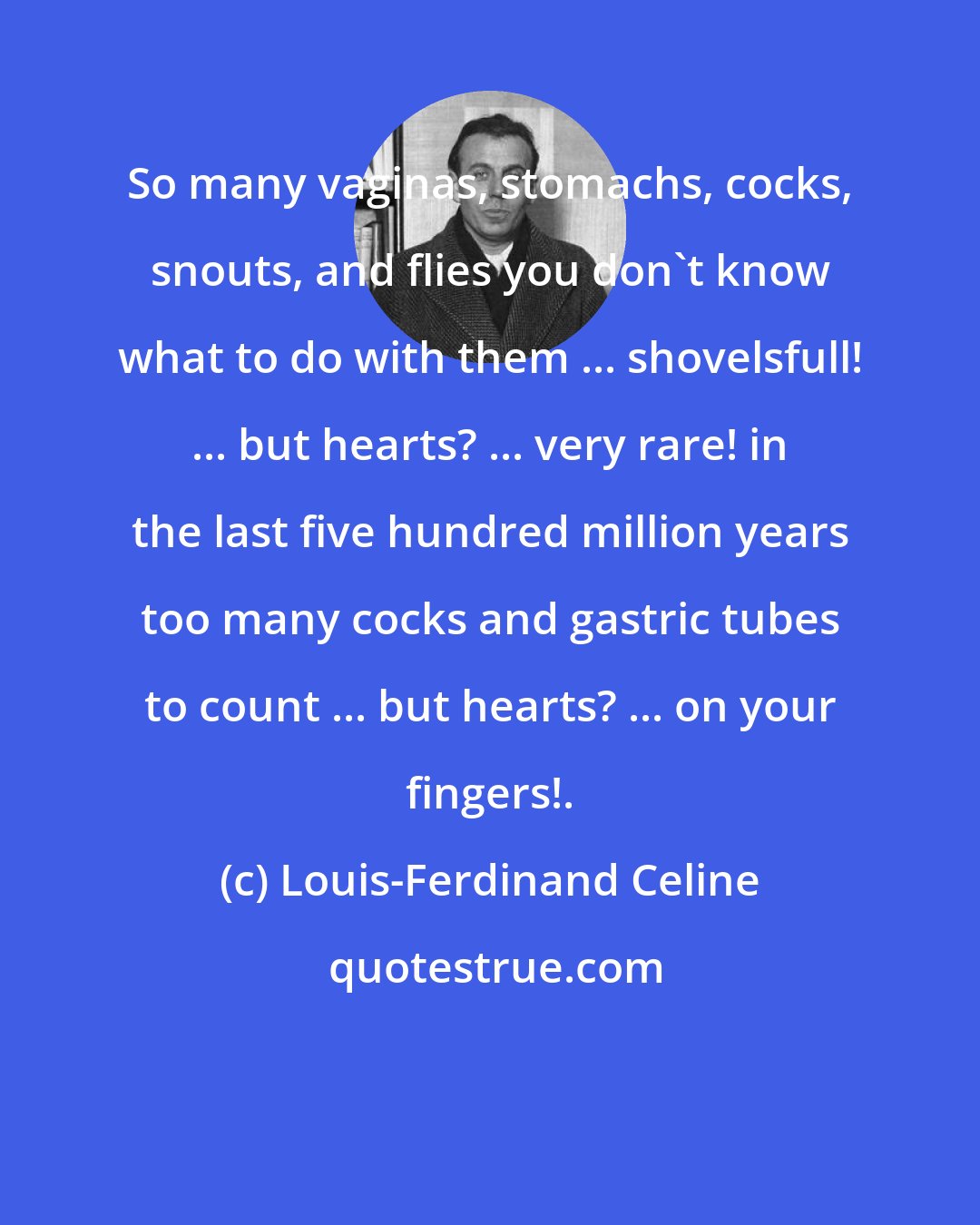 Louis-Ferdinand Celine: So many vaginas, stomachs, cocks, snouts, and flies you don't know what to do with them ... shovelsfull! ... but hearts? ... very rare! in the last five hundred million years too many cocks and gastric tubes to count ... but hearts? ... on your fingers!.