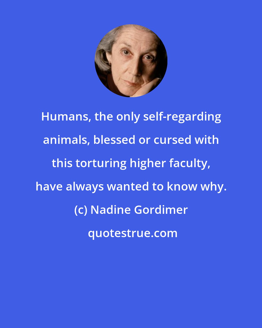 Nadine Gordimer: Humans, the only self-regarding animals, blessed or cursed with this torturing higher faculty, have always wanted to know why.