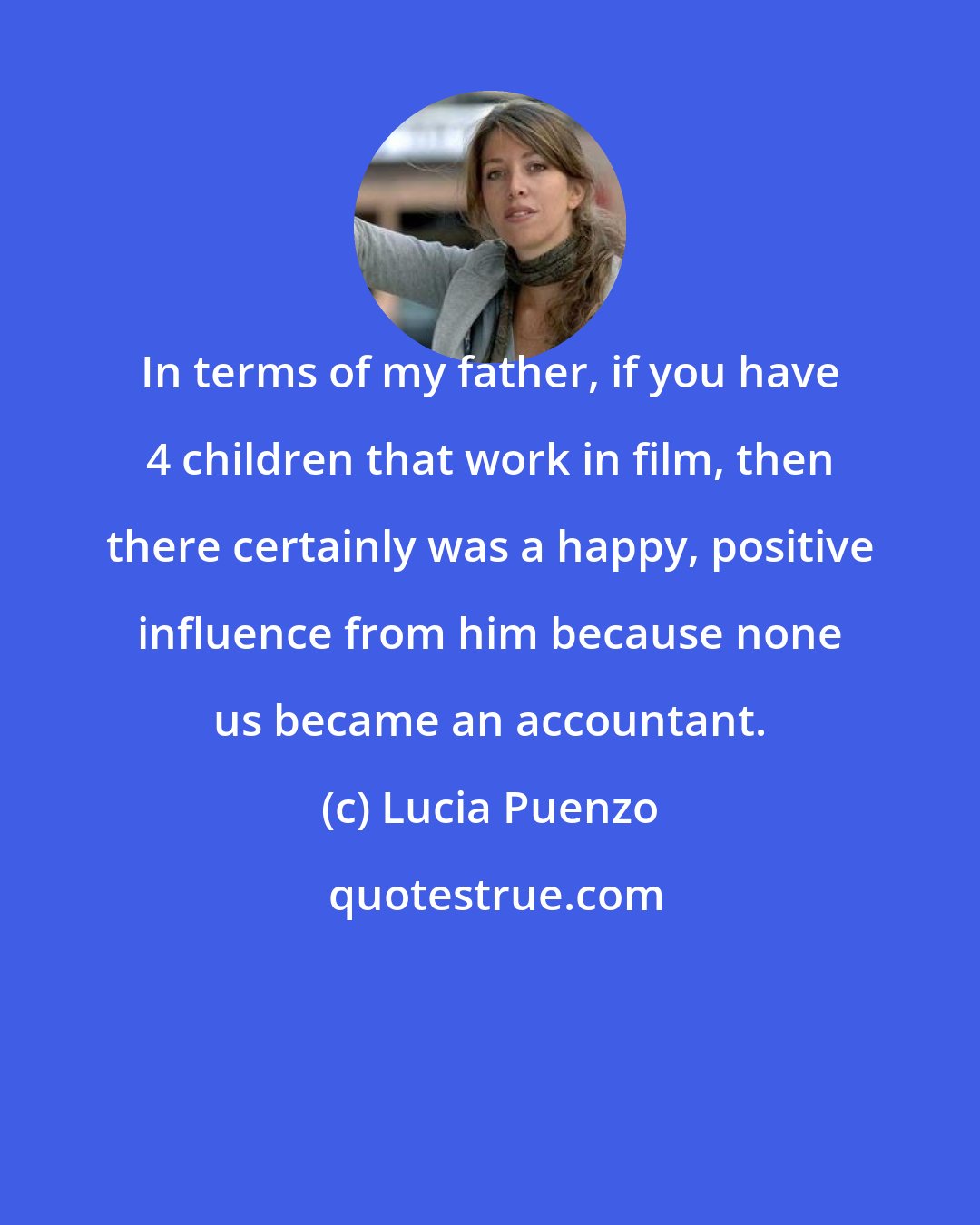 Lucia Puenzo: In terms of my father, if you have 4 children that work in film, then there certainly was a happy, positive influence from him because none us became an accountant.