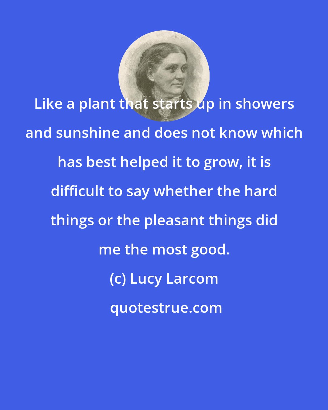 Lucy Larcom: Like a plant that starts up in showers and sunshine and does not know which has best helped it to grow, it is difficult to say whether the hard things or the pleasant things did me the most good.