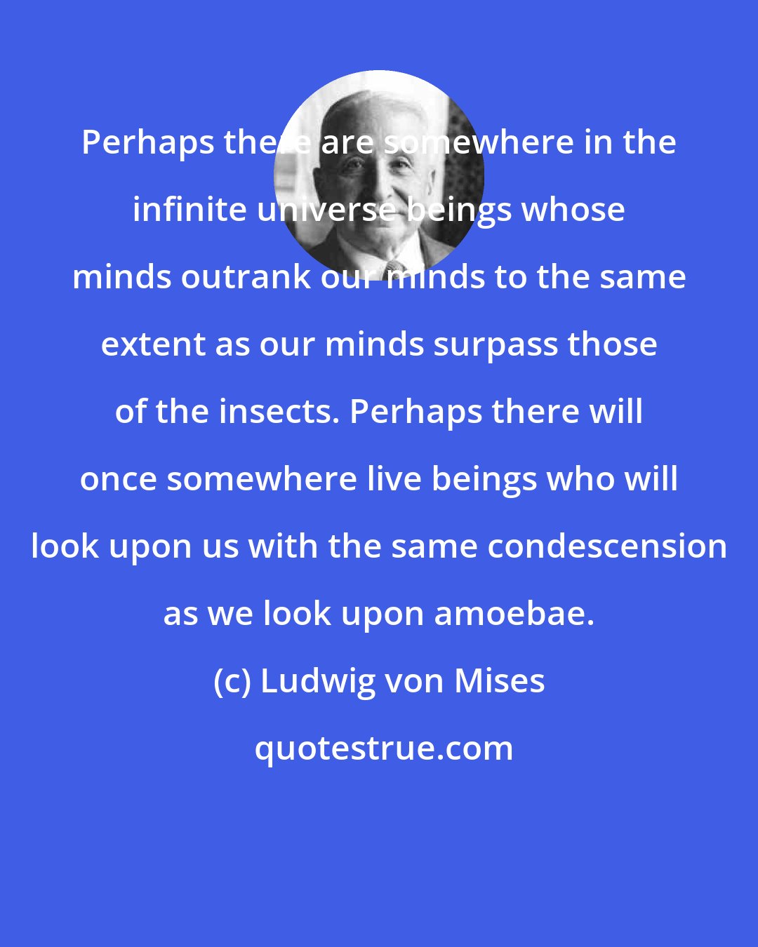 Ludwig von Mises: Perhaps there are somewhere in the infinite universe beings whose minds outrank our minds to the same extent as our minds surpass those of the insects. Perhaps there will once somewhere live beings who will look upon us with the same condescension as we look upon amoebae.