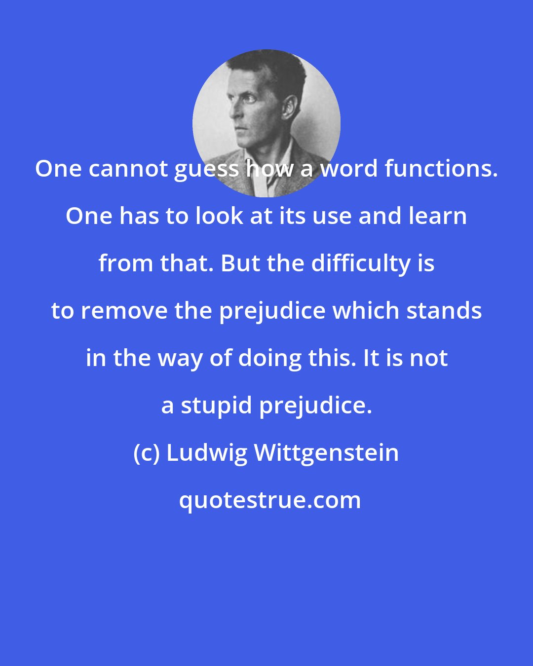 Ludwig Wittgenstein: One cannot guess how a word functions. One has to look at its use and learn from that. But the difficulty is to remove the prejudice which stands in the way of doing this. It is not a stupid prejudice.