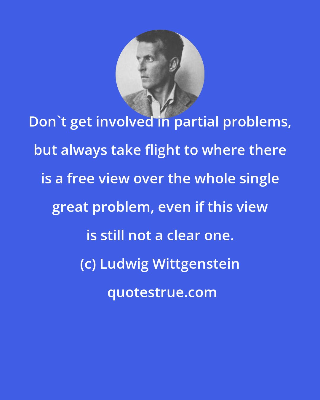 Ludwig Wittgenstein: Don't get involved in partial problems, but always take flight to where there is a free view over the whole single great problem, even if this view is still not a clear one.