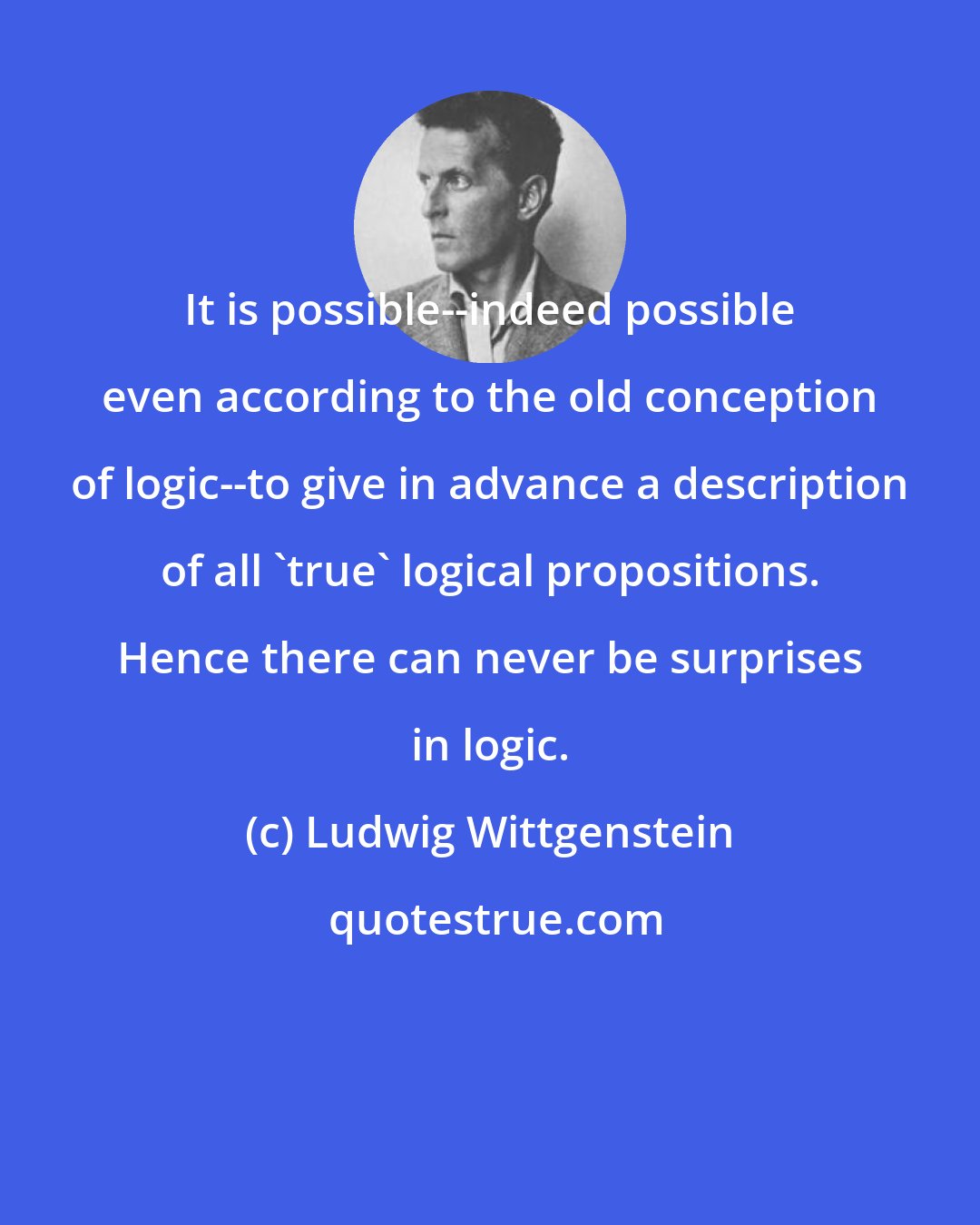 Ludwig Wittgenstein: It is possible--indeed possible even according to the old conception of logic--to give in advance a description of all 'true' logical propositions. Hence there can never be surprises in logic.