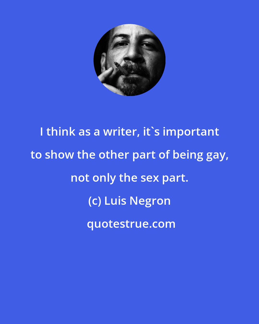 Luis Negron: I think as a writer, it's important to show the other part of being gay, not only the sex part.