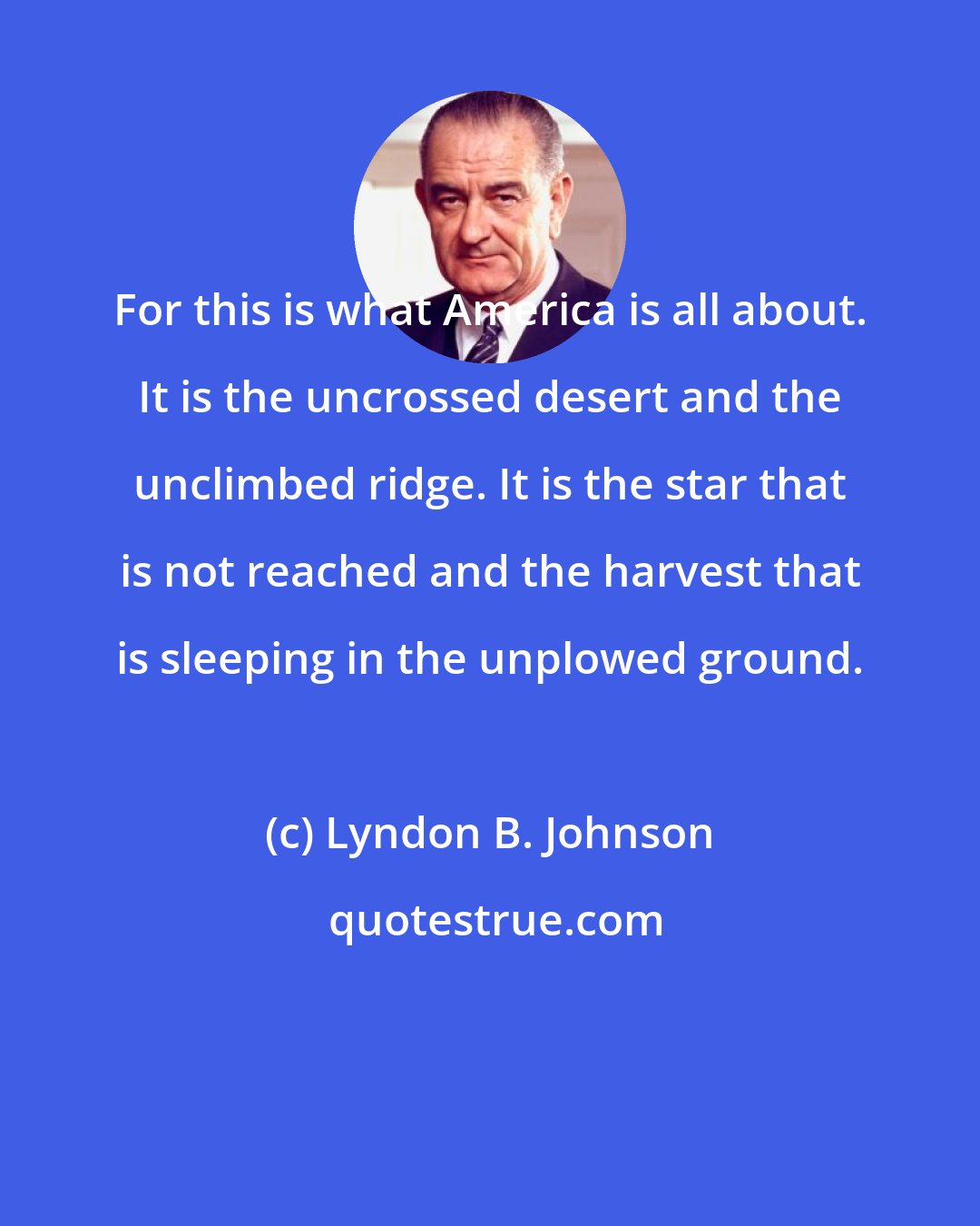 Lyndon B. Johnson: For this is what America is all about. It is the uncrossed desert and the unclimbed ridge. It is the star that is not reached and the harvest that is sleeping in the unplowed ground.