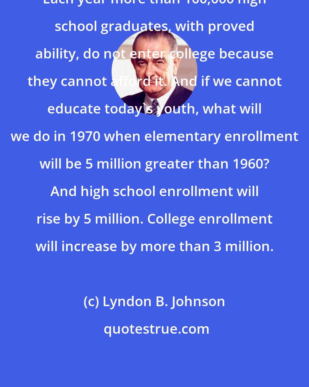 Lyndon B. Johnson: Each year more than 100,000 high school graduates, with proved ability, do not enter college because they cannot afford it. And if we cannot educate today's youth, what will we do in 1970 when elementary enrollment will be 5 million greater than 1960? And high school enrollment will rise by 5 million. College enrollment will increase by more than 3 million.