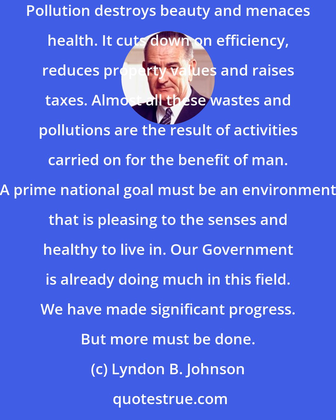 Lyndon B. Johnson: In the last few decades entire new categories of waste have come to plague and menace the American scene. Pollution is growing at a rapid rate. Pollution destroys beauty and menaces health. It cuts down on efficiency, reduces property values and raises taxes. Almost all these wastes and pollutions are the result of activities carried on for the benefit of man. A prime national goal must be an environment that is pleasing to the senses and healthy to live in. Our Government is already doing much in this field. We have made significant progress. But more must be done.