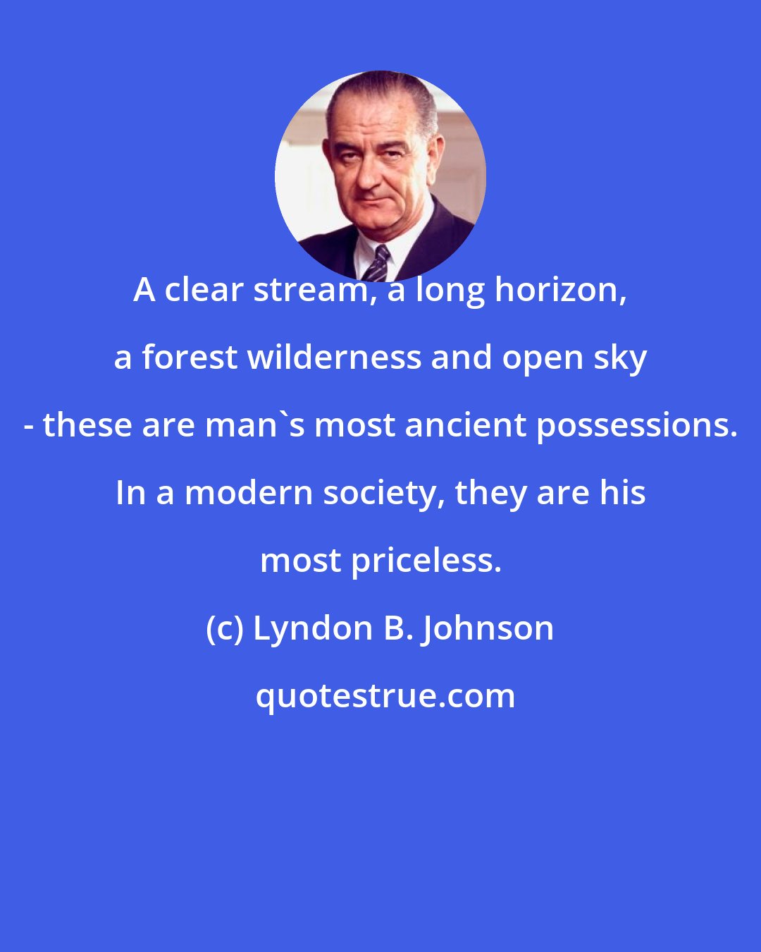 Lyndon B. Johnson: A clear stream, a long horizon, a forest wilderness and open sky - these are man's most ancient possessions. In a modern society, they are his most priceless.