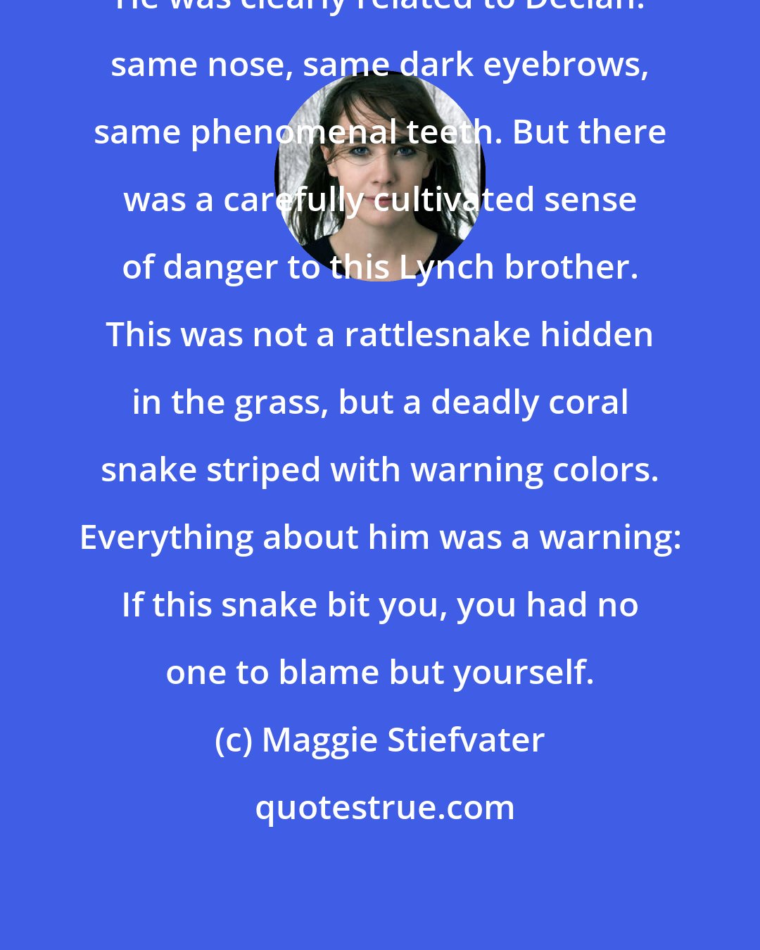 Maggie Stiefvater: He was clearly related to Declan: same nose, same dark eyebrows, same phenomenal teeth. But there was a carefully cultivated sense of danger to this Lynch brother. This was not a rattlesnake hidden in the grass, but a deadly coral snake striped with warning colors. Everything about him was a warning: If this snake bit you, you had no one to blame but yourself.