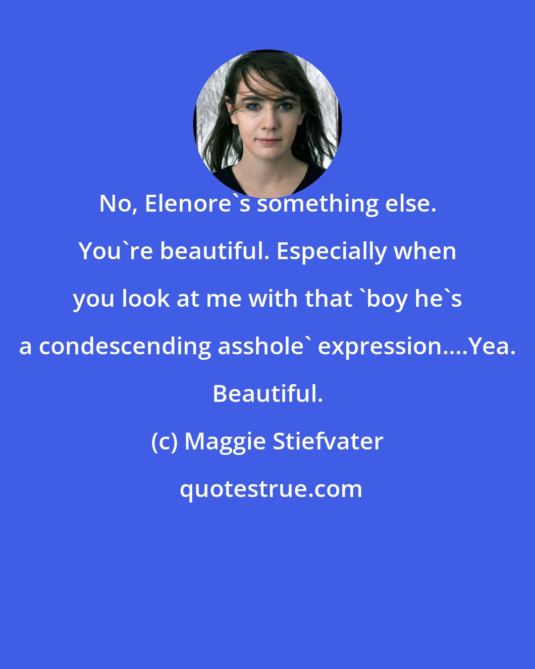 Maggie Stiefvater: No, Elenore's something else. You're beautiful. Especially when you look at me with that 'boy he's a condescending asshole' expression....Yea. Beautiful.