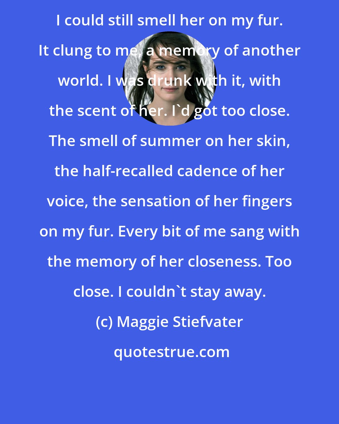 Maggie Stiefvater: I could still smell her on my fur. It clung to me, a memory of another world. I was drunk with it, with the scent of her. I'd got too close. The smell of summer on her skin, the half-recalled cadence of her voice, the sensation of her fingers on my fur. Every bit of me sang with the memory of her closeness. Too close. I couldn't stay away.