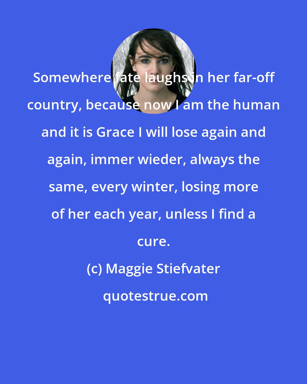 Maggie Stiefvater: Somewhere fate laughs in her far-off country, because now I am the human and it is Grace I will lose again and again, immer wieder, always the same, every winter, losing more of her each year, unless I find a cure.