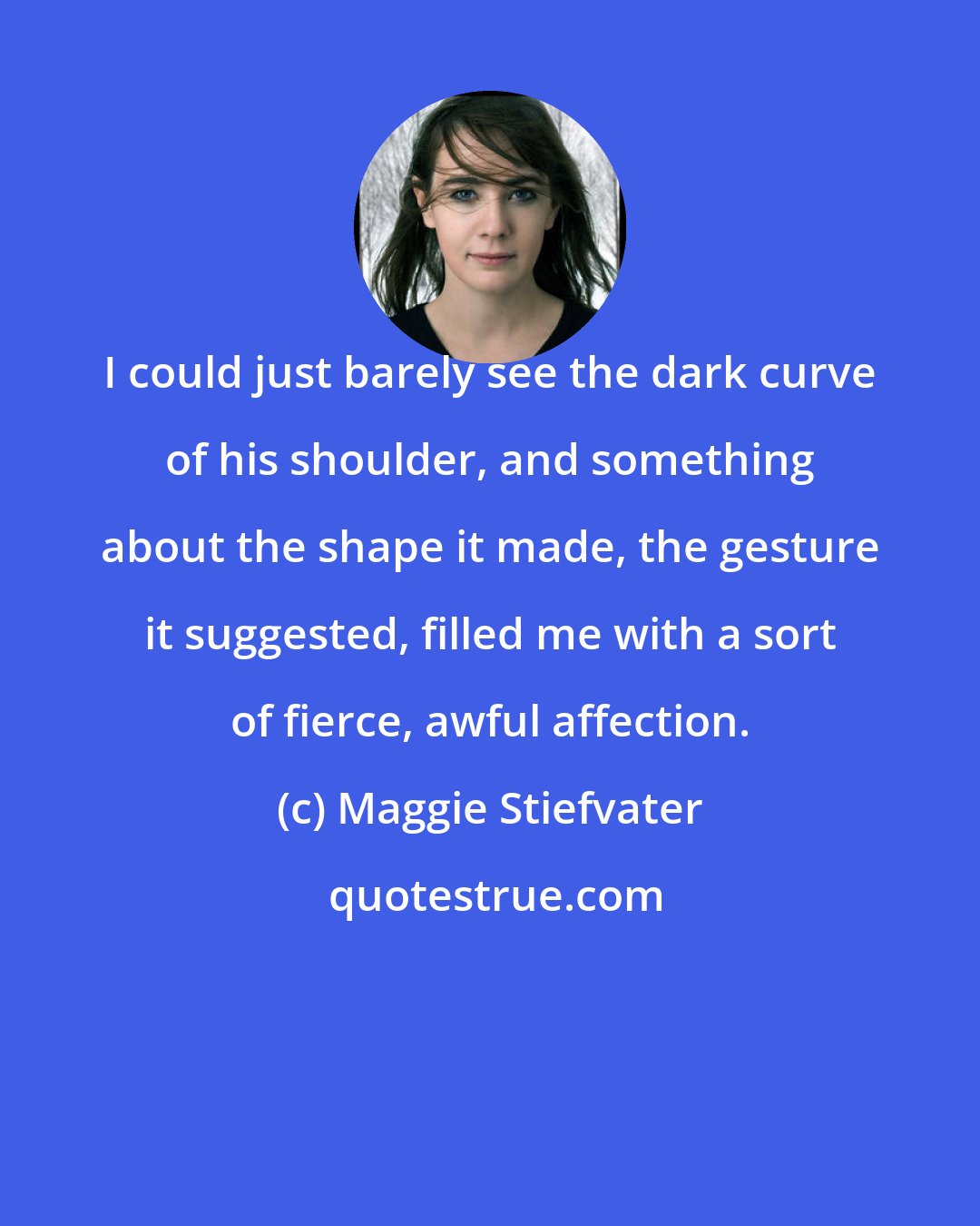 Maggie Stiefvater: I could just barely see the dark curve of his shoulder, and something about the shape it made, the gesture it suggested, filled me with a sort of fierce, awful affection.