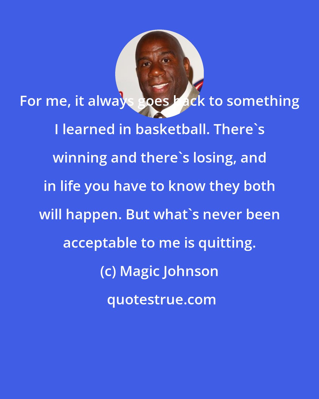 Magic Johnson: For me, it always goes back to something I learned in basketball. There's winning and there's losing, and in life you have to know they both will happen. But what's never been acceptable to me is quitting.