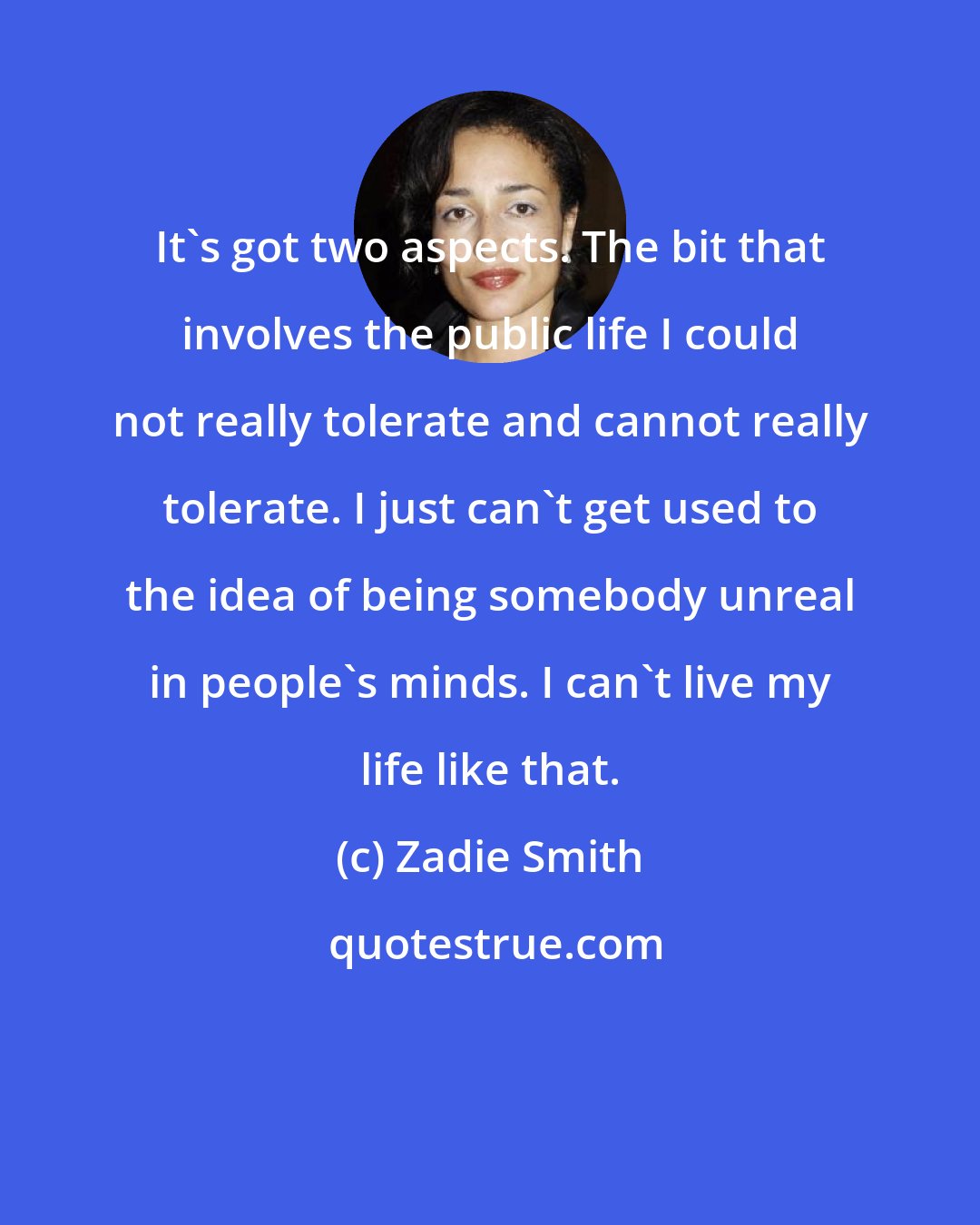 Zadie Smith: It's got two aspects. The bit that involves the public life I could not really tolerate and cannot really tolerate. I just can't get used to the idea of being somebody unreal in people's minds. I can't live my life like that.