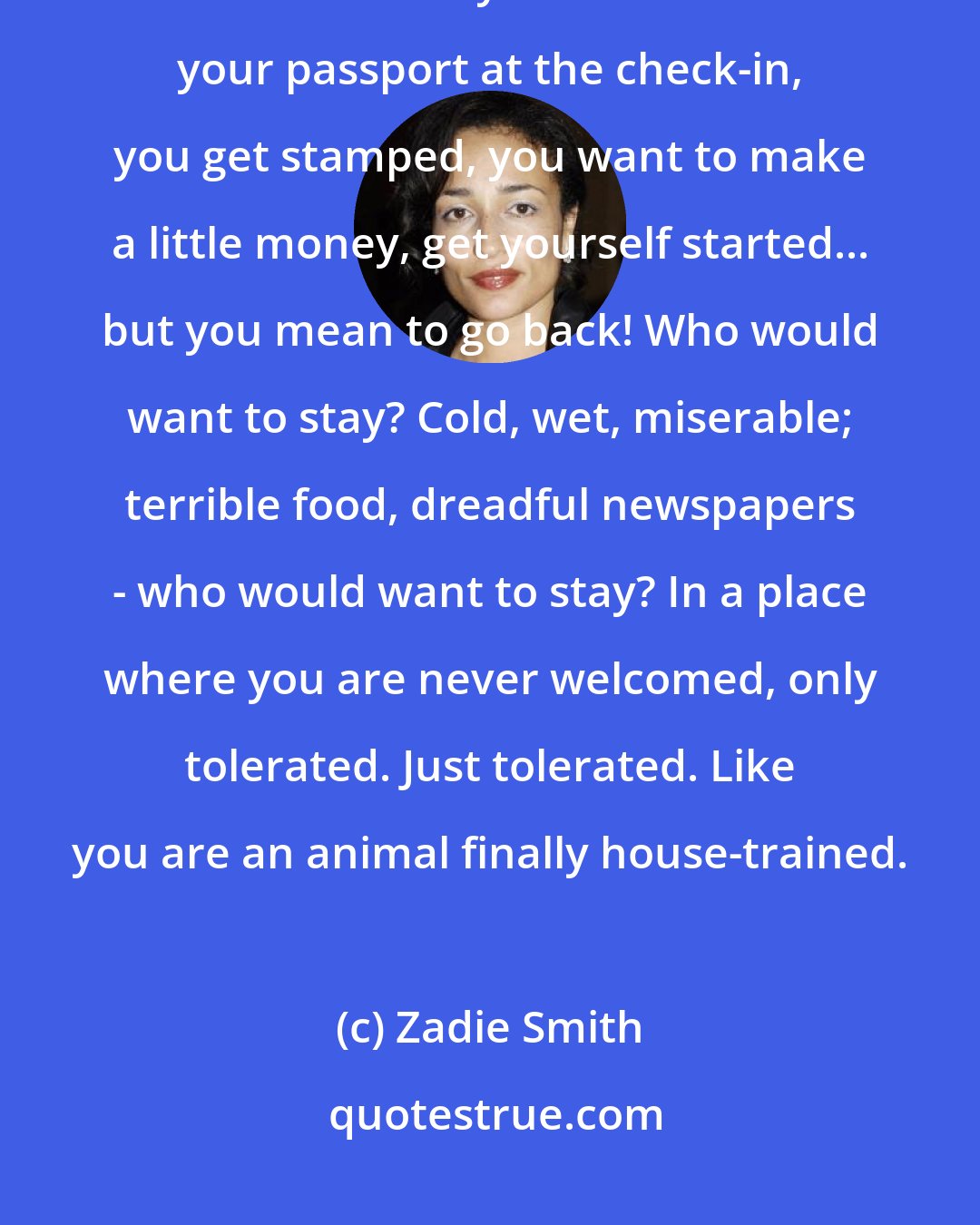 Zadie Smith: These days, it feels to me like you make a devil's pact when you walk into this country. You hand over your passport at the check-in, you get stamped, you want to make a little money, get yourself started... but you mean to go back! Who would want to stay? Cold, wet, miserable; terrible food, dreadful newspapers - who would want to stay? In a place where you are never welcomed, only tolerated. Just tolerated. Like you are an animal finally house-trained.